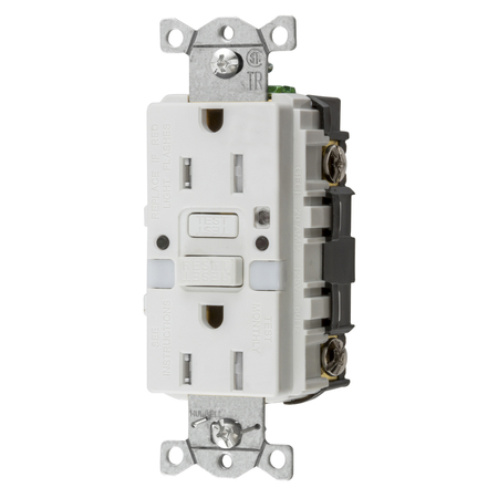 HUBBELL WIRING DEVICE-KELLEMS Power Protection Products, Receptacles, GFCI, Commercial Grade, Self Test, 15A 125V, 2-Pole 3-Wire Grounding, 5- 15R, With Nightlight, White GFTRST15WNL